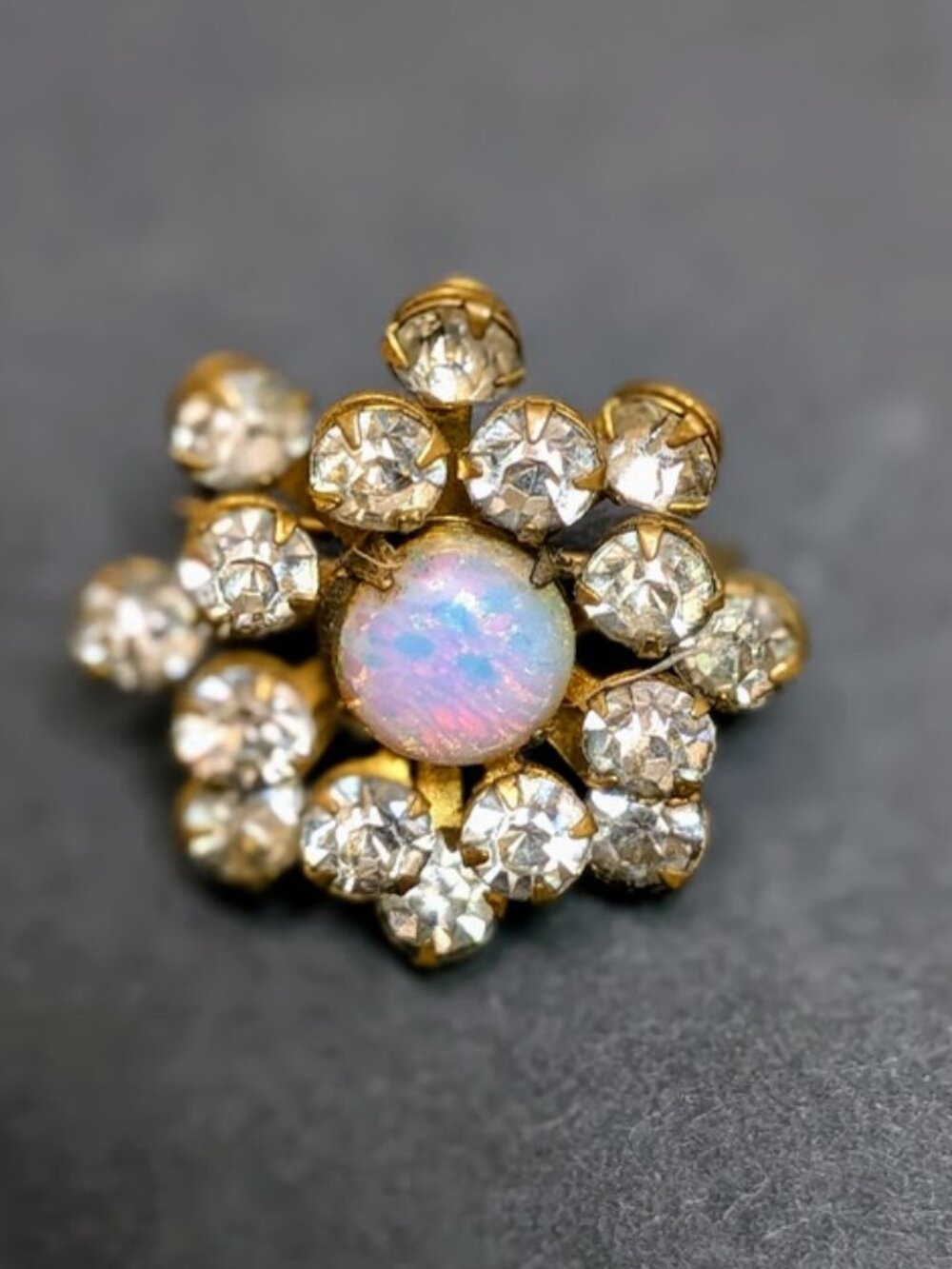 Vintage 1930s Rhinestone Simulated Opal Flower Brooch Pin